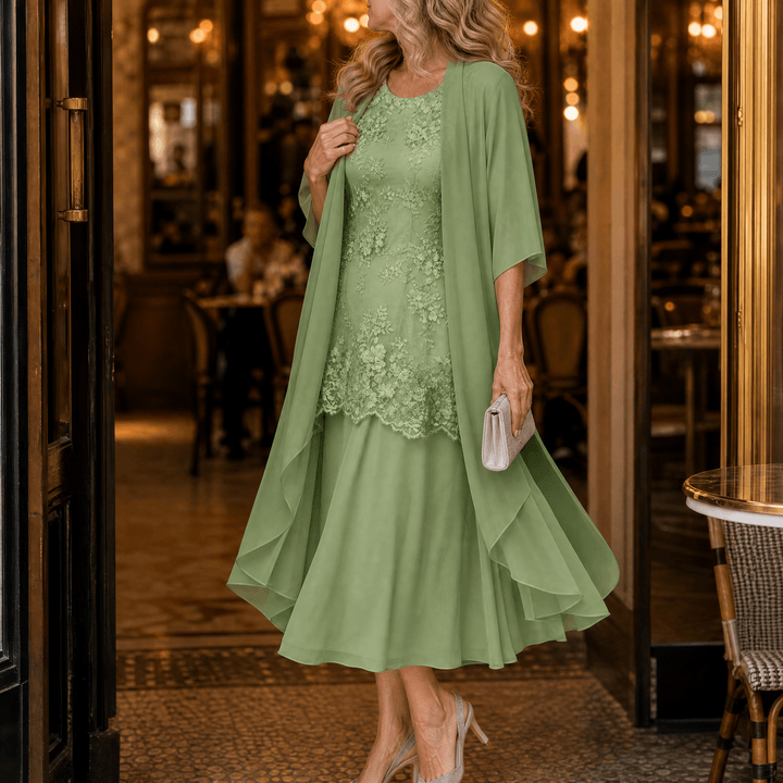 Lunavia – Women's Floral Lace Dress Set with Chiffon Shawl Sage Green