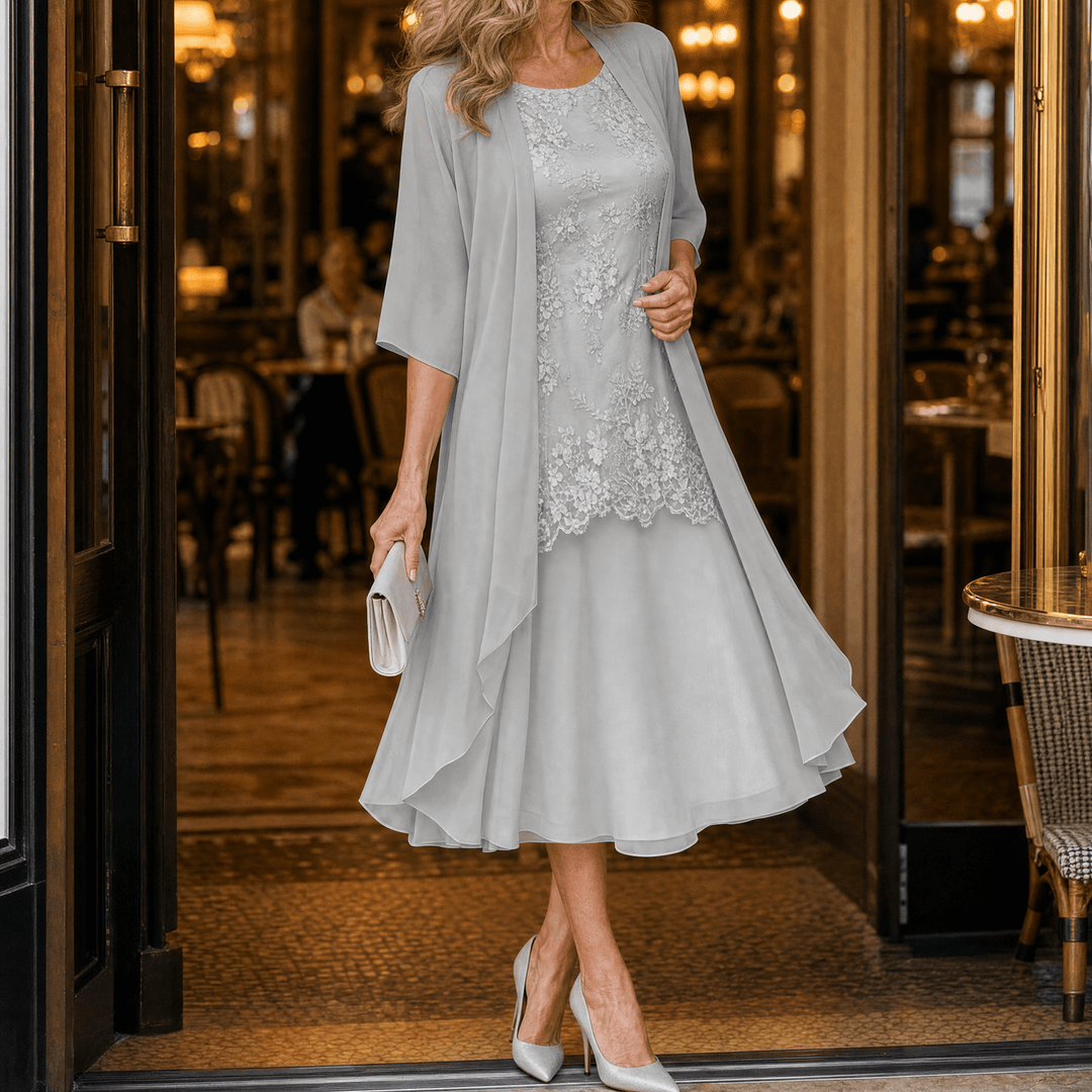 Lunavia – Women's Floral Lace Dress Set with Chiffon Shawl Soft Grey