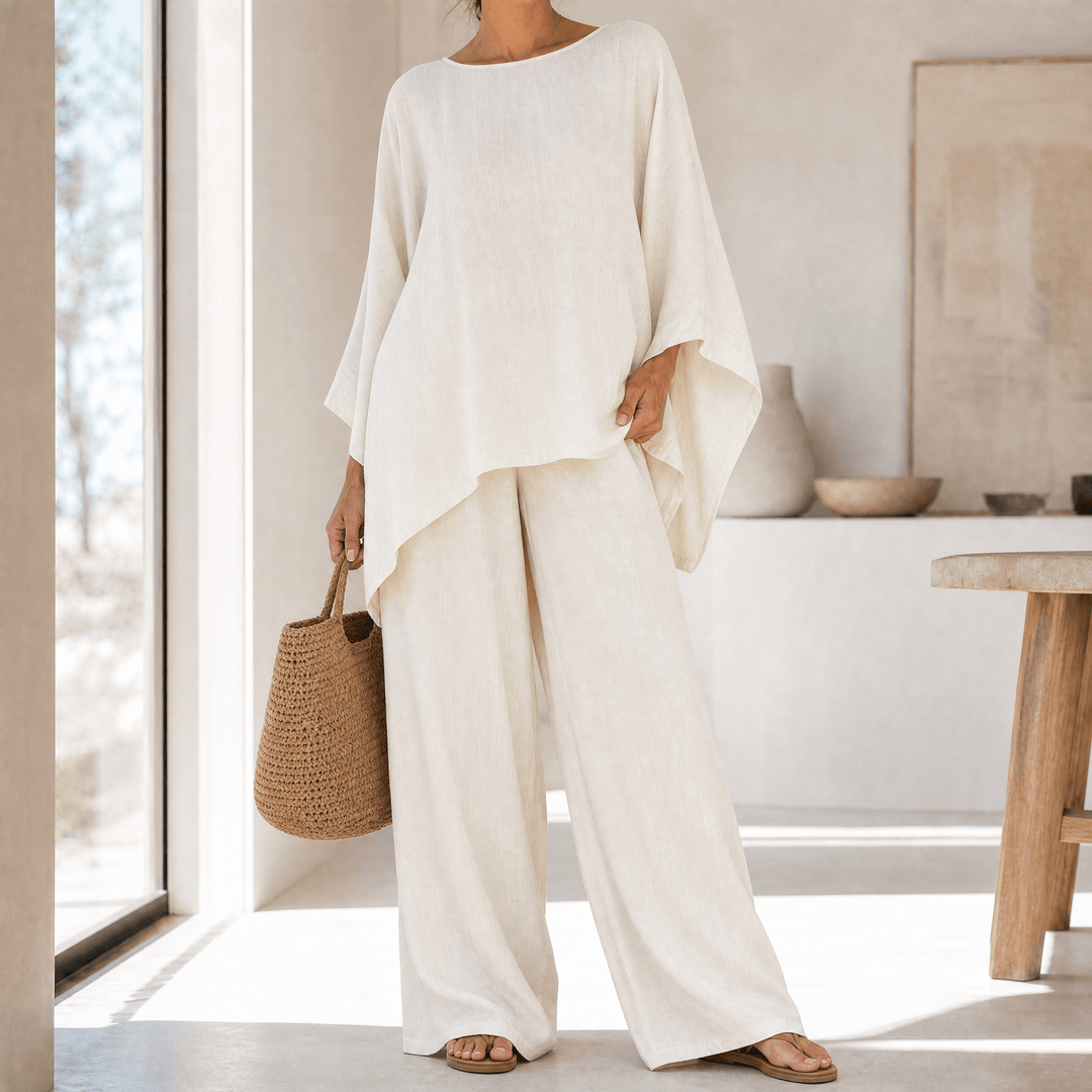 Lunavia – Women's Flowy Batwing Top and Wide-Leg Pants Set Cream / S