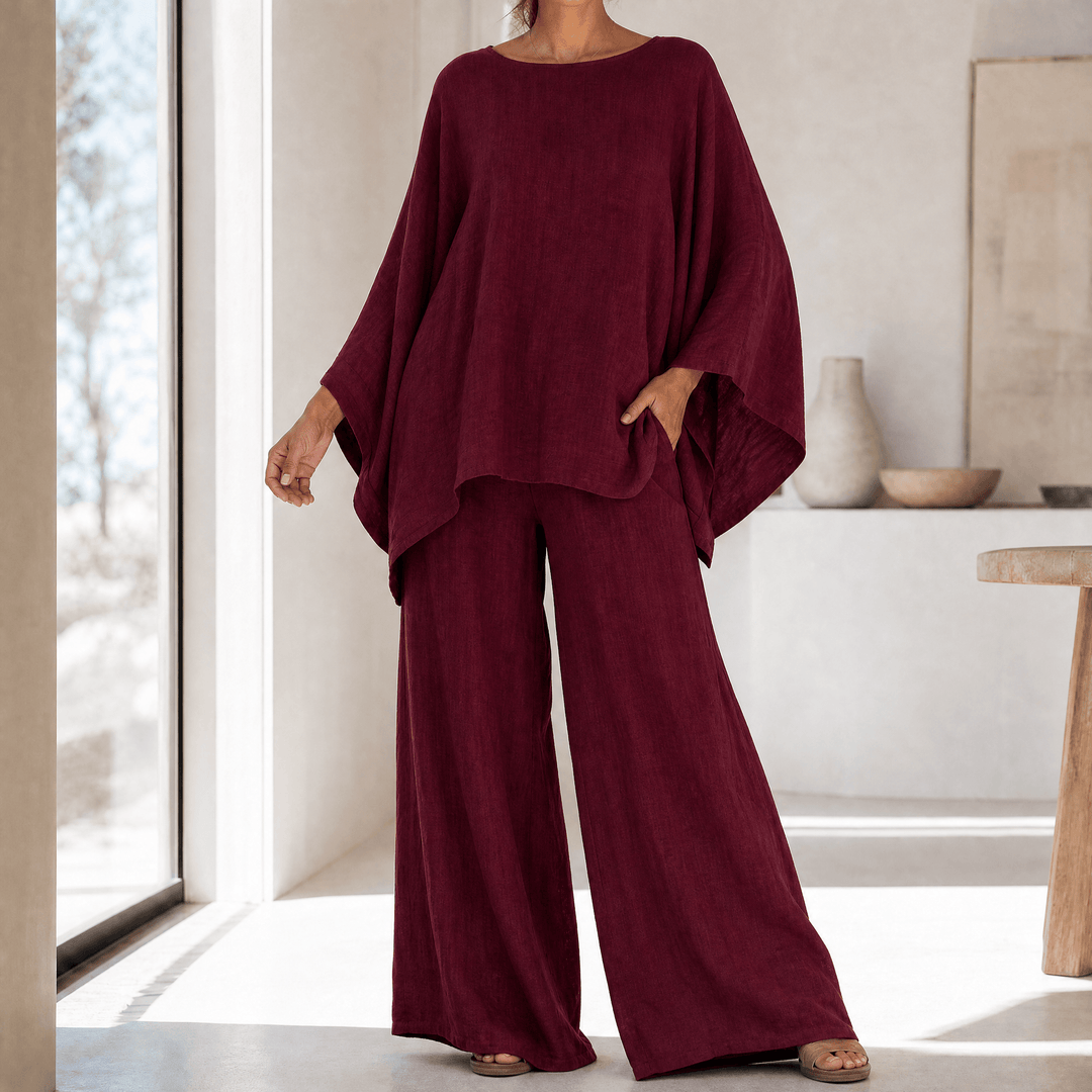 Lunavia – Women's Flowy Batwing Top and Wide-Leg Pants Set Wine Burgundy / S