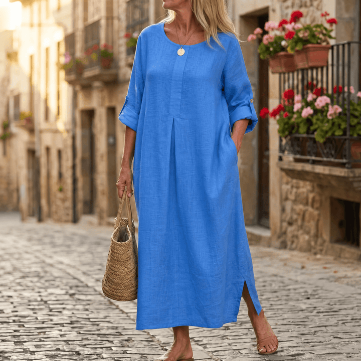 Lunavia – Women's Flowy Linen-Style Maxi Dress cornflower blue