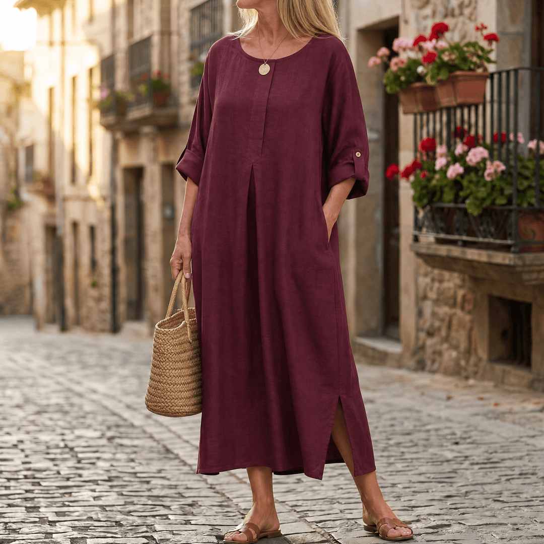 Lunavia – Women's Flowy Linen-Style Maxi Dress deep red
