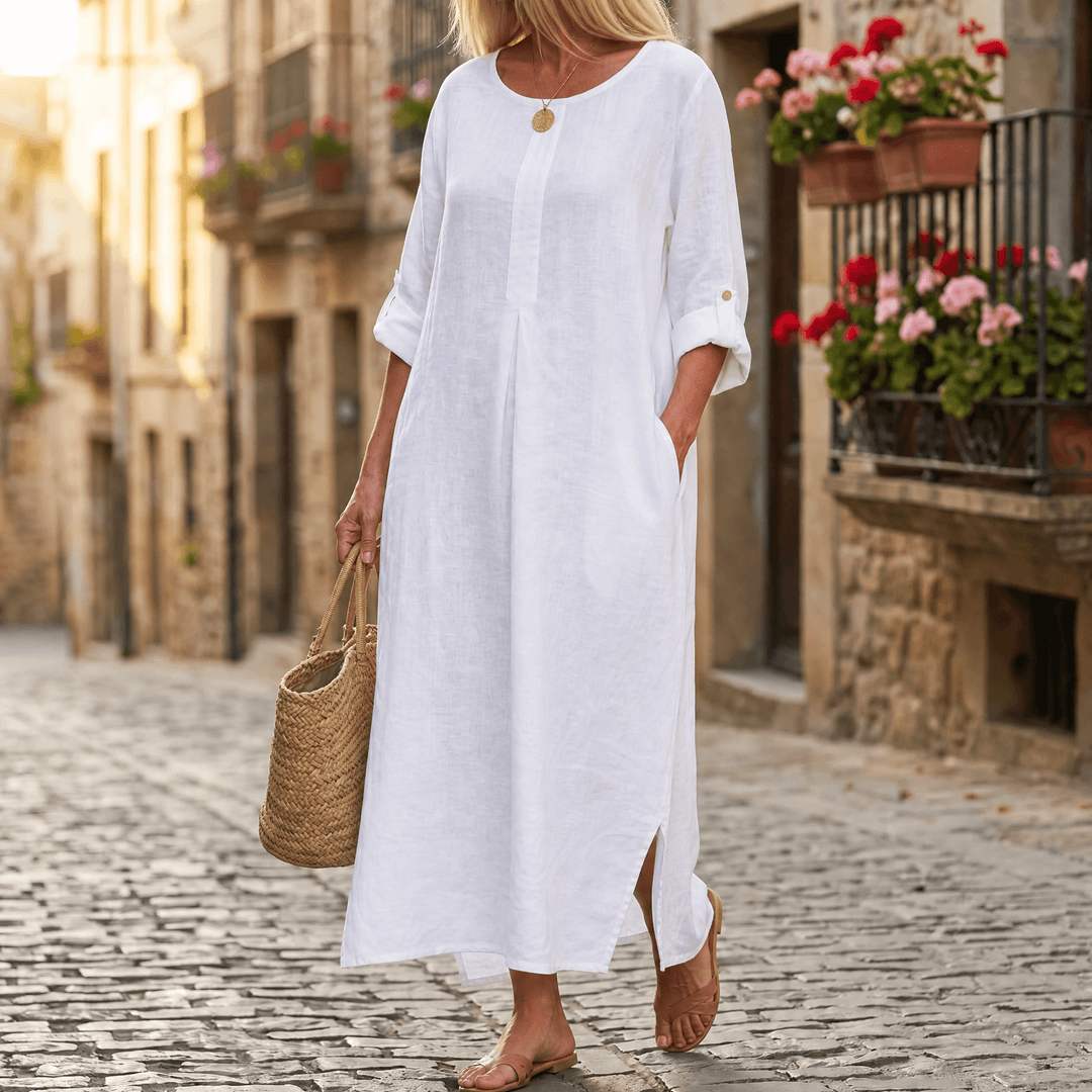 Lunavia – Women's Flowy Linen-Style Maxi Dress pure white