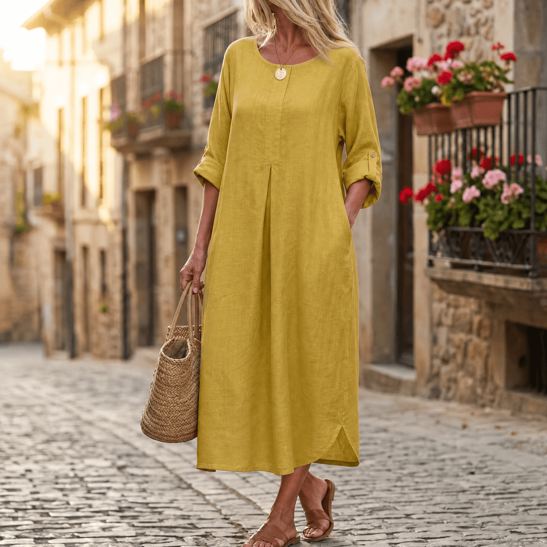 Lunavia – Women's Flowy Linen-Style Maxi Dress soft yellow
