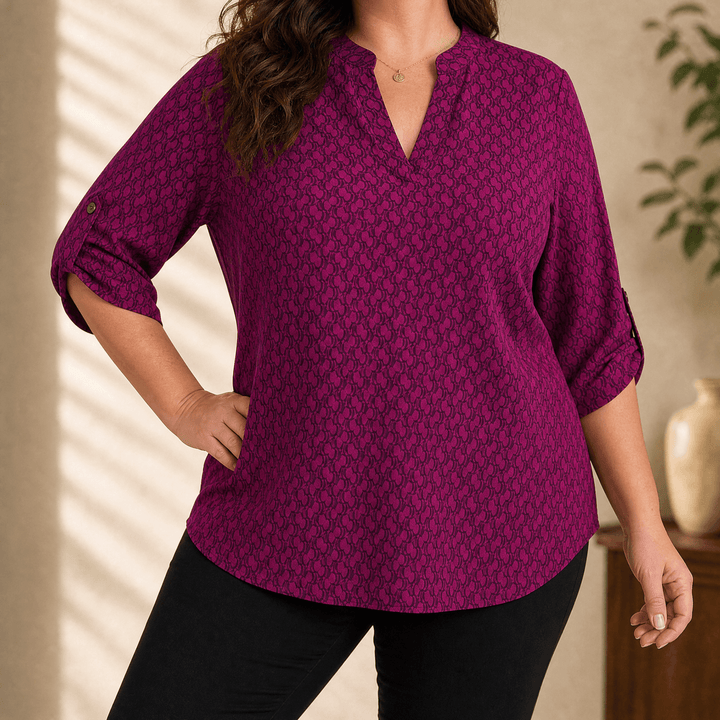 Lunavia – Women's Geometric V-Neck Blouse with Roll-Tab Sleeves Burgundy / 0XL