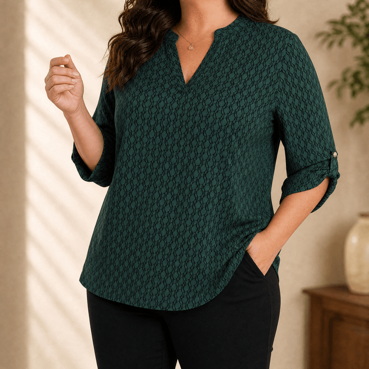Lunavia – Women's Geometric V-Neck Blouse with Roll-Tab Sleeves Deep Green / 0XL