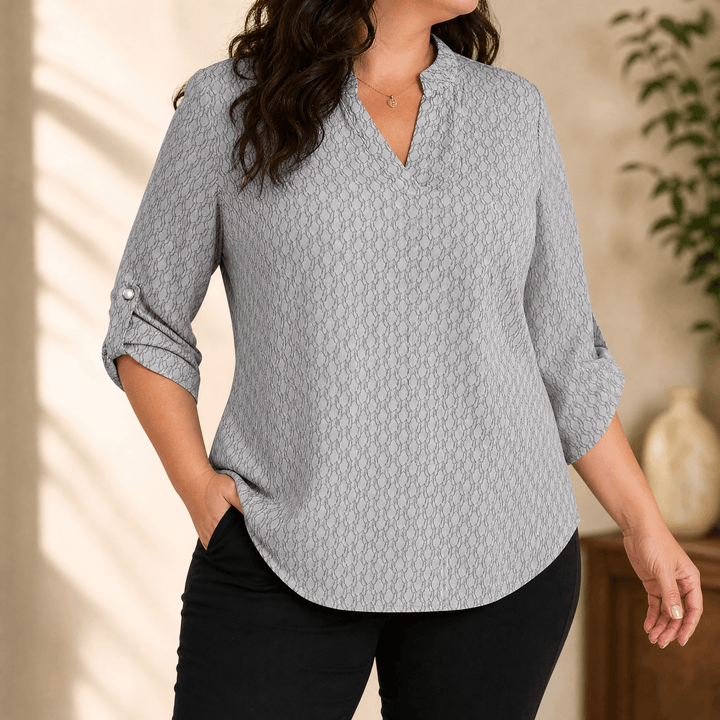 Lunavia – Women's Geometric V-Neck Blouse with Roll-Tab Sleeves Gray / 0XL