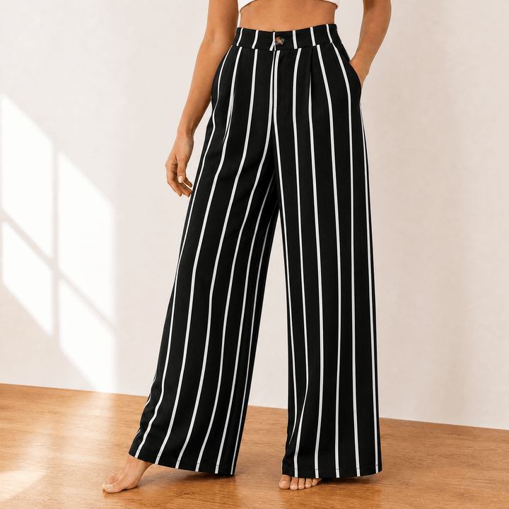 Lunavia – Women's High-Waist Wide-Leg Drape Trousers Black Stripe