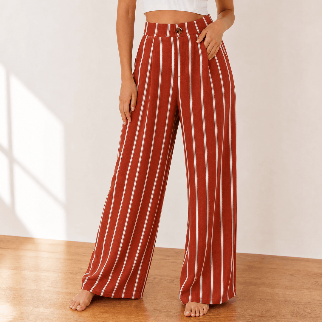 Lunavia – Women's High-Waist Wide-Leg Drape Trousers Red Stripe