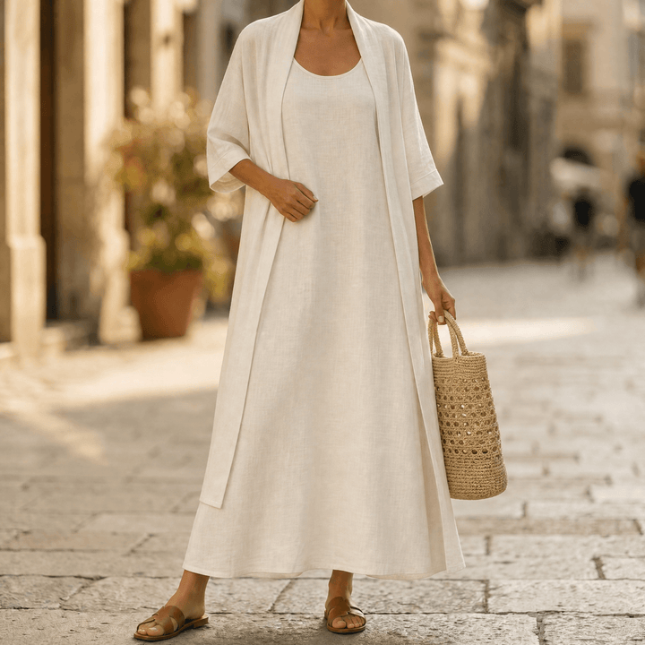 Lunavia – Women's Linen Cotton Two-Piece Set with Duster Cream / S