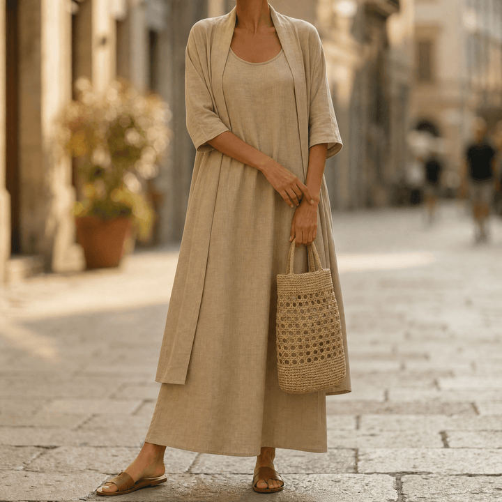 Lunavia – Women's Linen Cotton Two-Piece Set with Duster Khaki / S