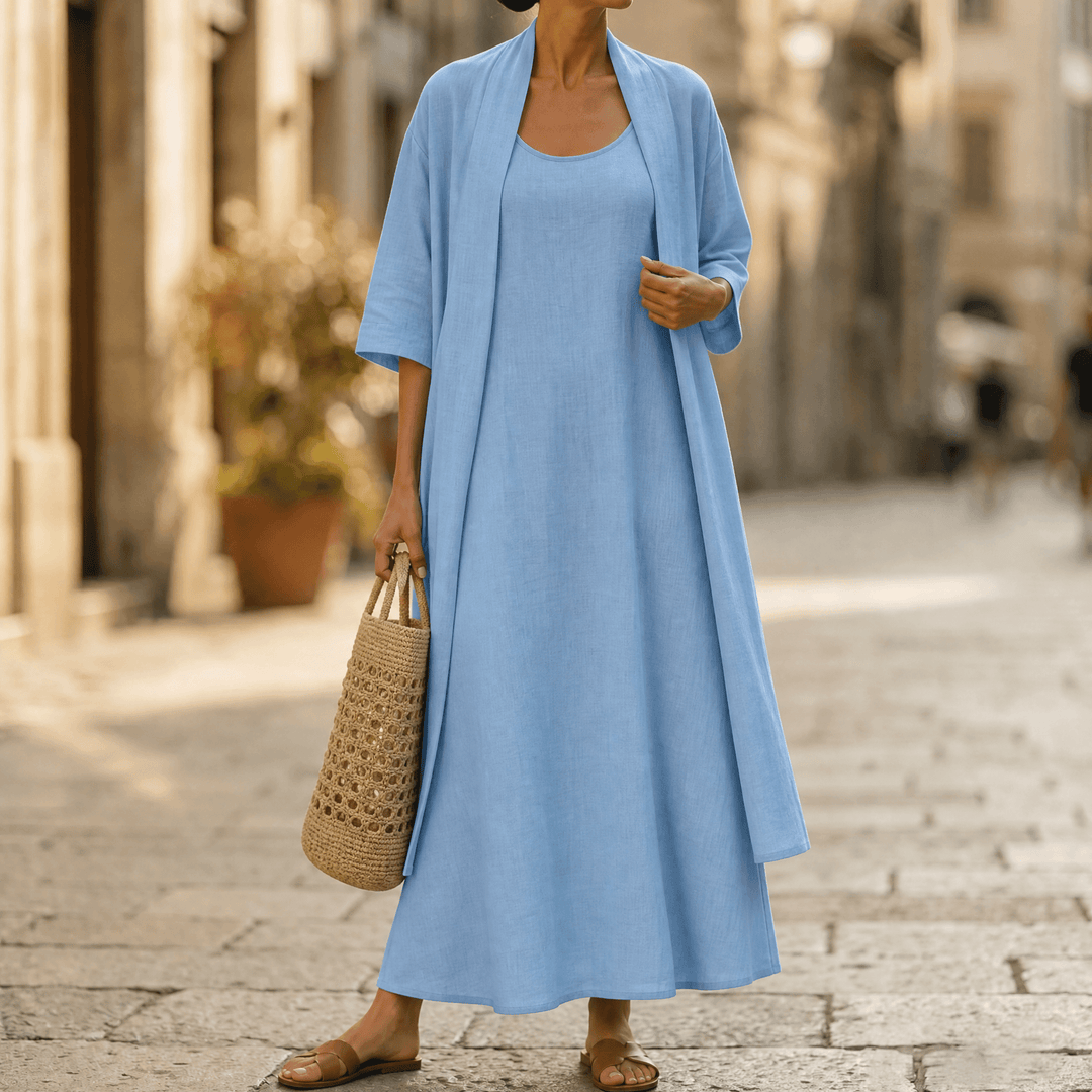 Lunavia – Women's Linen Cotton Two-Piece Set with Duster Sky Blue / S