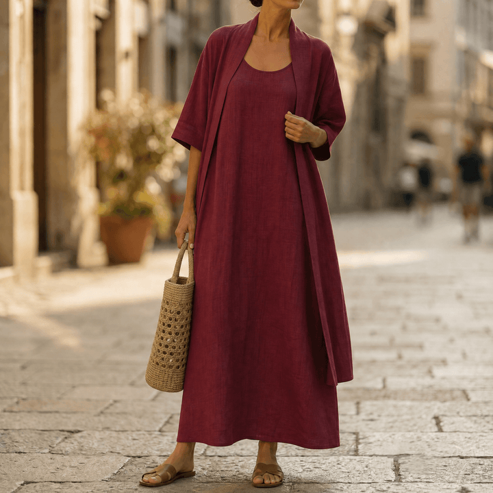 Lunavia – Women's Linen Cotton Two-Piece Set with Duster Wine Red / S