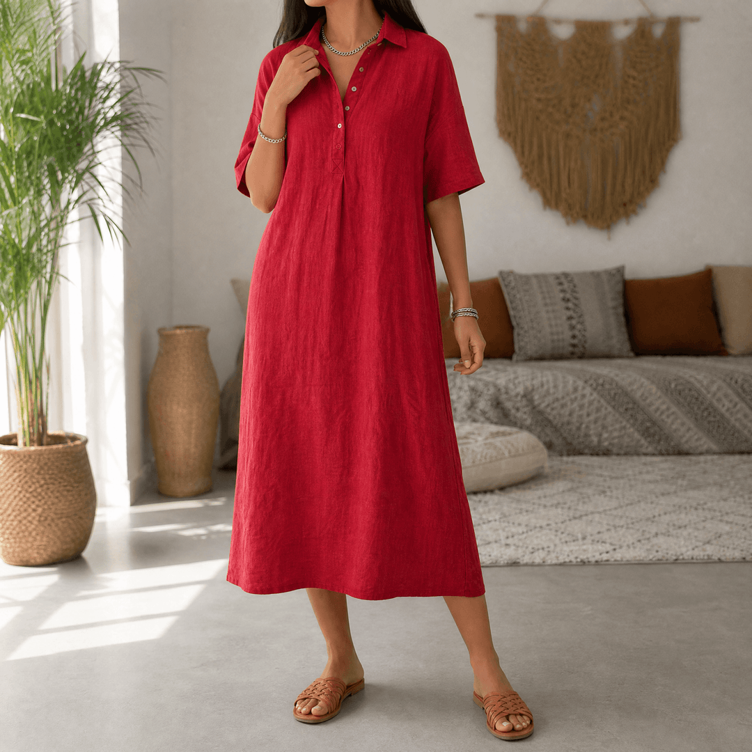 Lunavia – Women's Linen Polo Midi Dress Cherry Red
