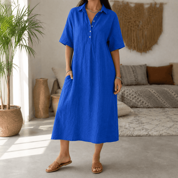 Lunavia – Women's Linen Polo Midi Dress Cobalt Blue