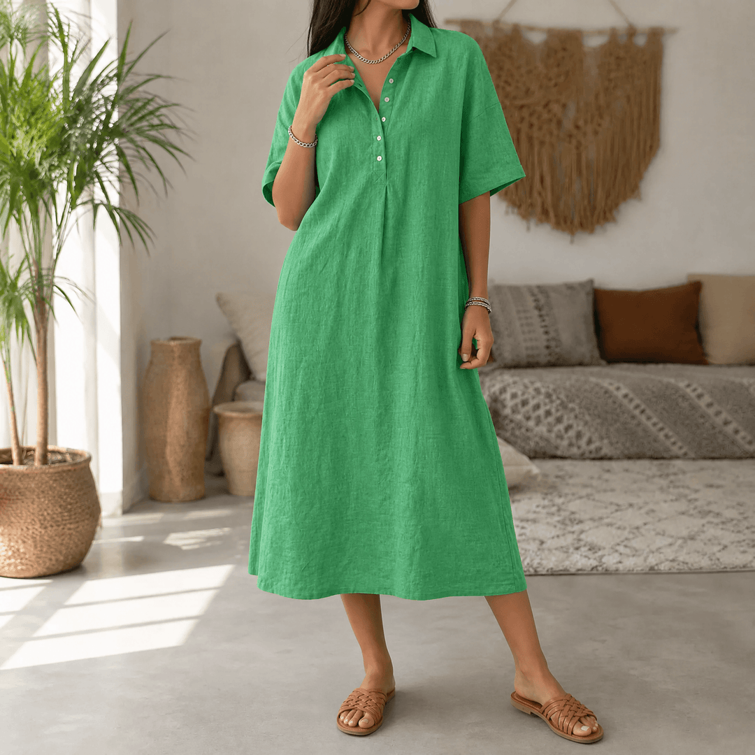 Lunavia – Women's Linen Polo Midi Dress Emerald Green