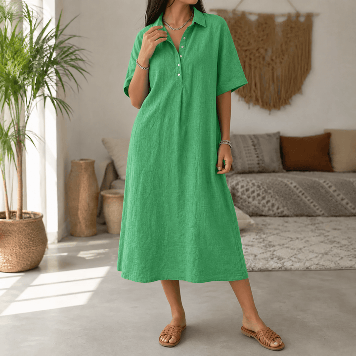 Lunavia – Women's Linen Polo Midi Dress Emerald Green