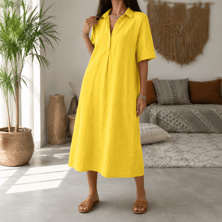 Lunavia – Women's Linen Polo Midi Dress Lemon Yellow