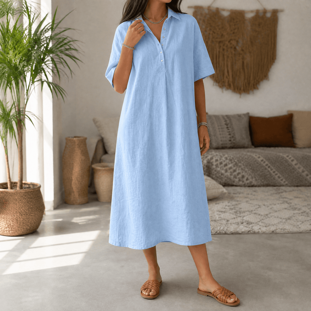 Lunavia – Women's Linen Polo Midi Dress Powder Blue