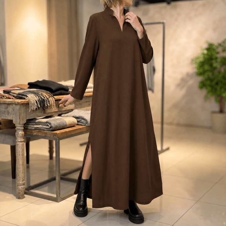 Lunavia – Women's Loose Maxi Dress with Side Slits Brown