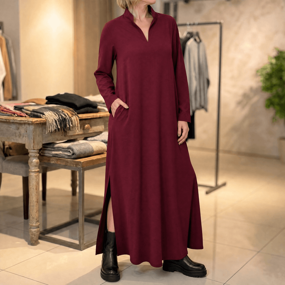 Lunavia – Women's Loose Maxi Dress with Side Slits Burgundy
