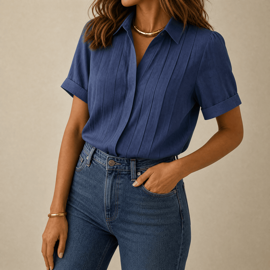 Lunavia – Women's Pleated Short-Sleeve Blouse Navy / S