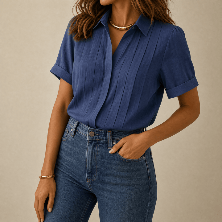 Lunavia – Women's Pleated Short-Sleeve Blouse Navy / S