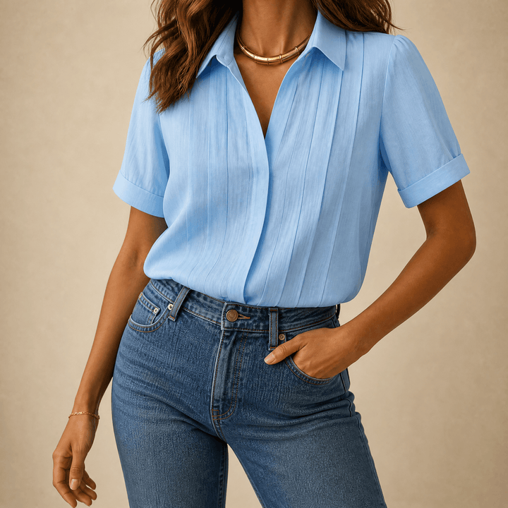 Lunavia – Women's Pleated Short-Sleeve Blouse Sky Blue / S