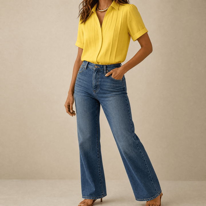 Lunavia – Women's Pleated Short-Sleeve Blouse Soft Yellow / S