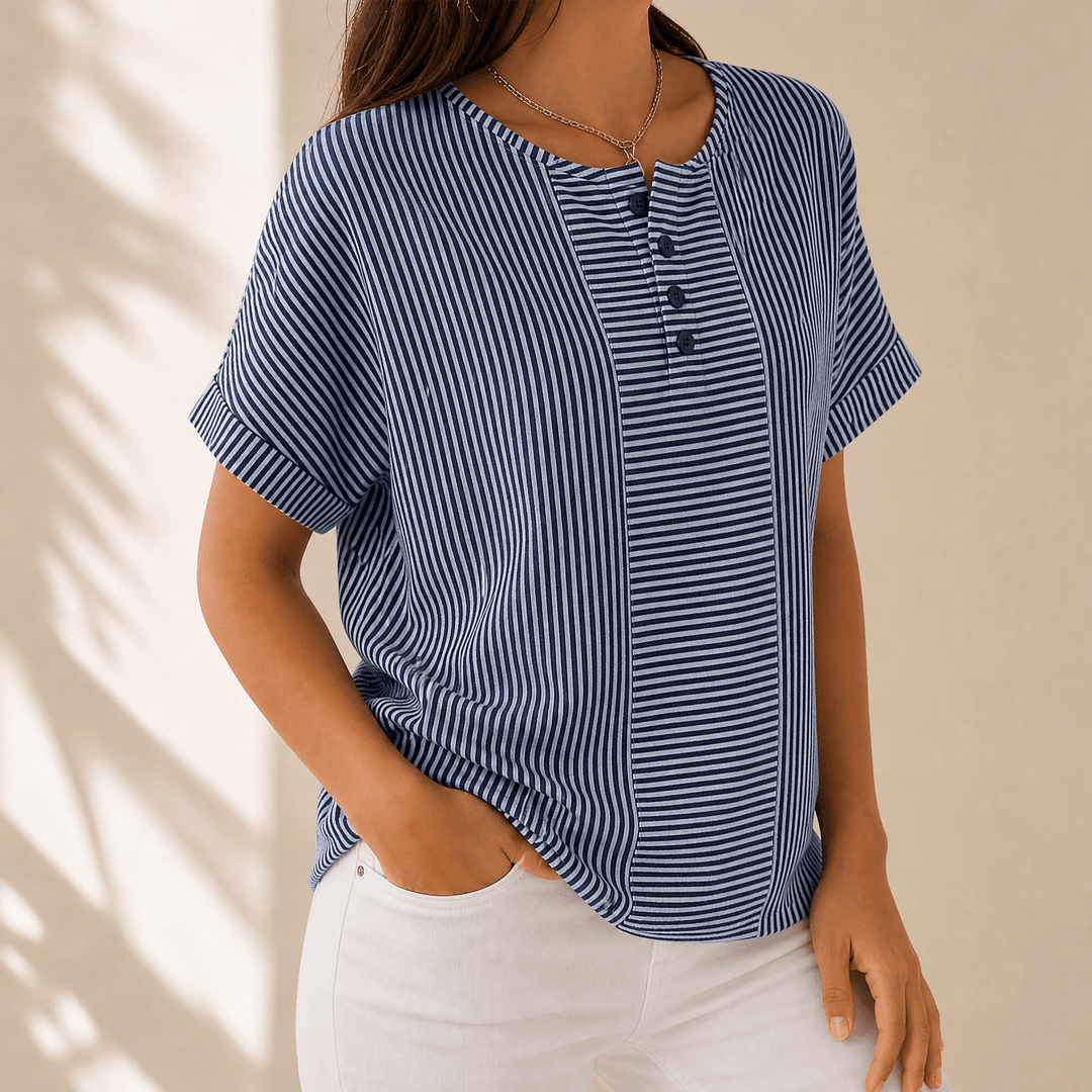 Lunavia – Women's Slimming Stripe Panel Henley Top Deep Blue / S
