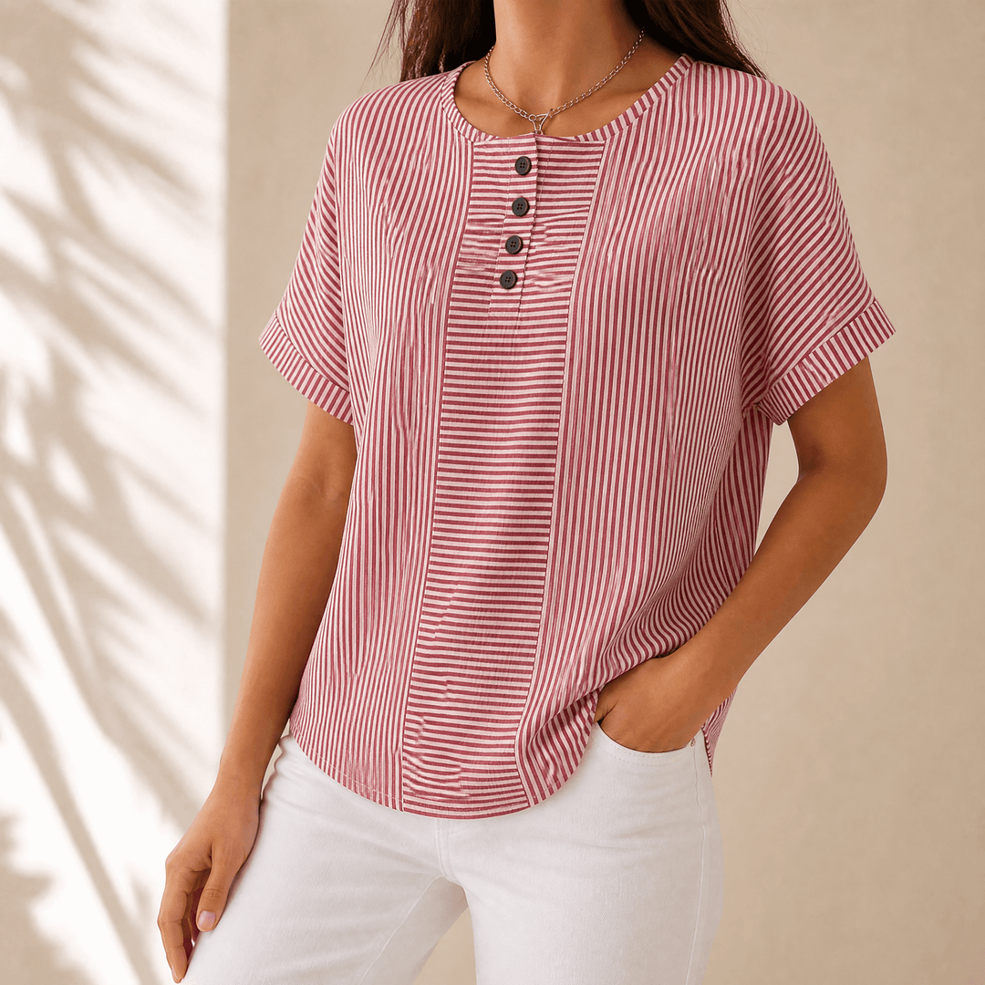 Lunavia – Women's Slimming Stripe Panel Henley Top Dusty Red / S