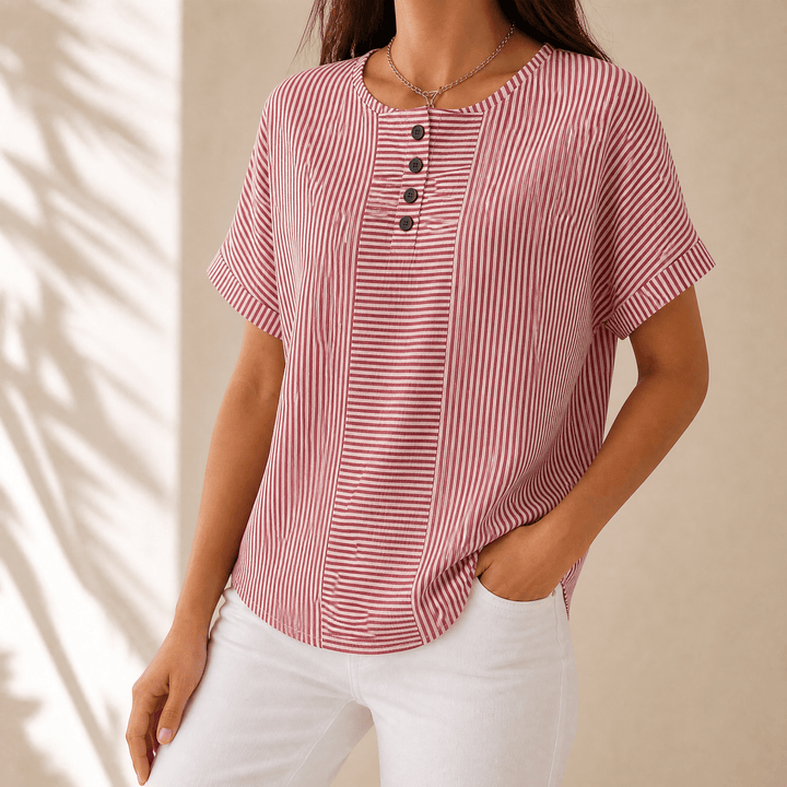 Lunavia – Women's Slimming Stripe Panel Henley Top Dusty Red / S