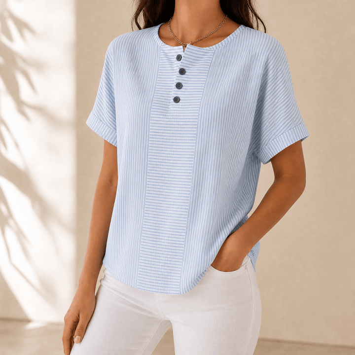 Lunavia – Women's Slimming Stripe Panel Henley Top Sky Blue / S