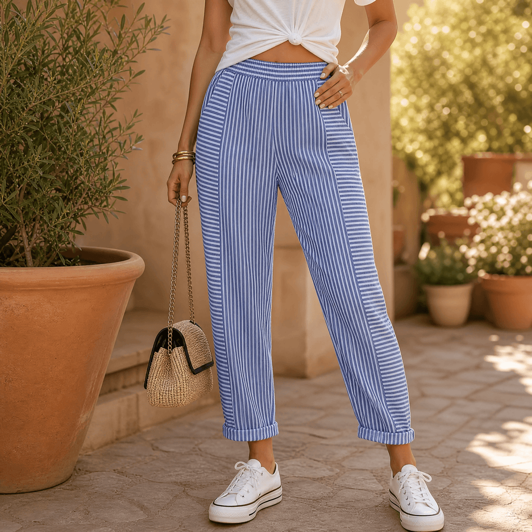 Lunavia – Women's Striped Pants with Elastic Waist Blue