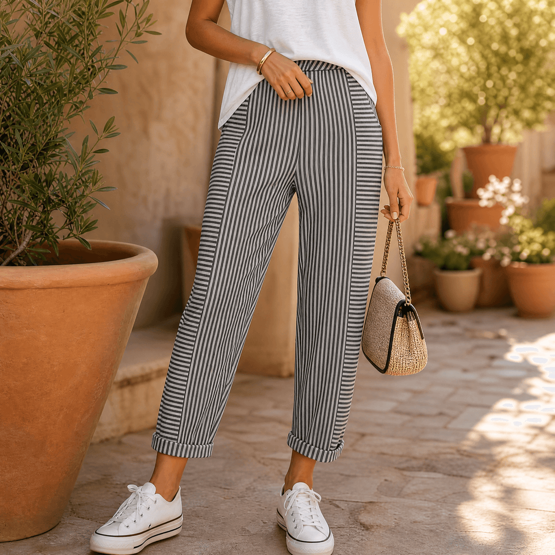 Lunavia – Women's Striped Pants with Elastic Waist Grey