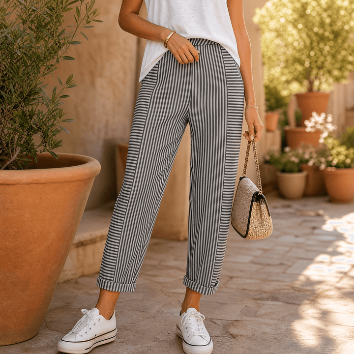 Lunavia – Women's Striped Pants with Elastic Waist Grey