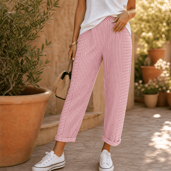 Lunavia – Women's Striped Pants with Elastic Waist Pink
