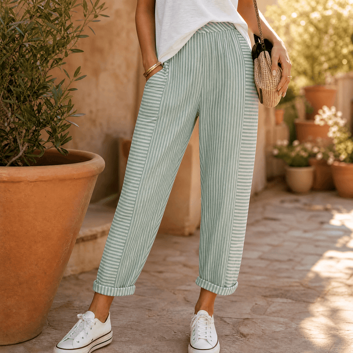 Lunavia – Women's Striped Pants with Elastic Waist Sage Green