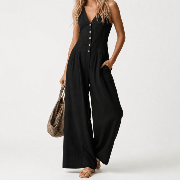 Lunavia – Women's Wide-Leg Button-Front Jumpsuit Black