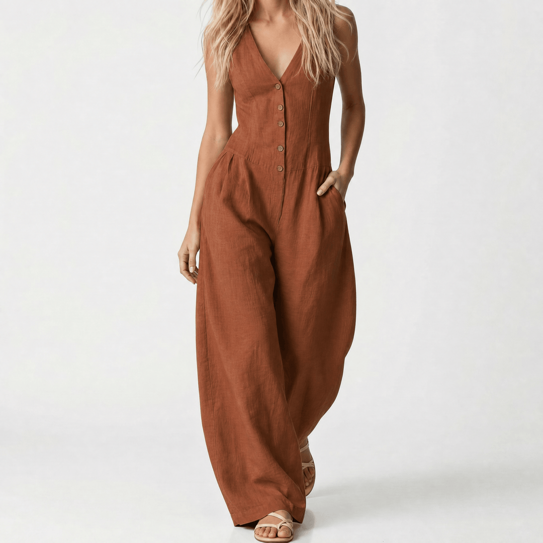 Lunavia – Women's Wide-Leg Button-Front Jumpsuit Brown / S