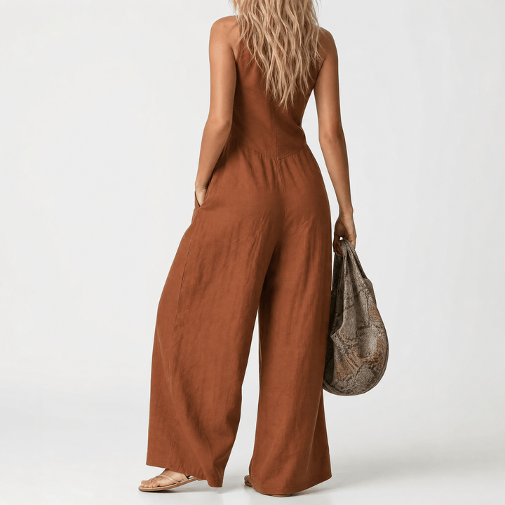 Lunavia – Women's Wide-Leg Button-Front Jumpsuit Brown