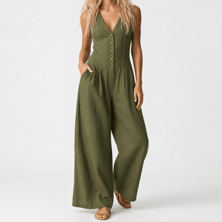 Lunavia – Women's Wide-Leg Button-Front Jumpsuit Green / S