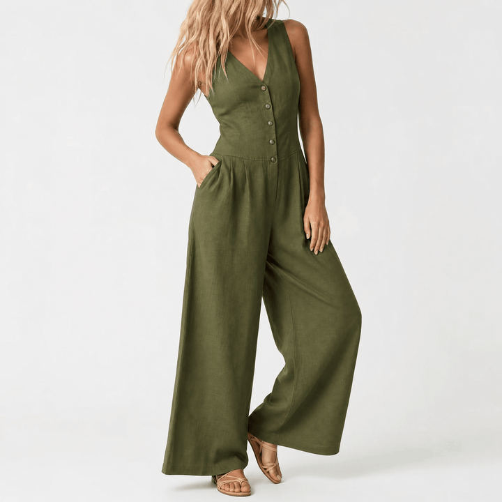 Lunavia – Women's Wide-Leg Button-Front Jumpsuit Green