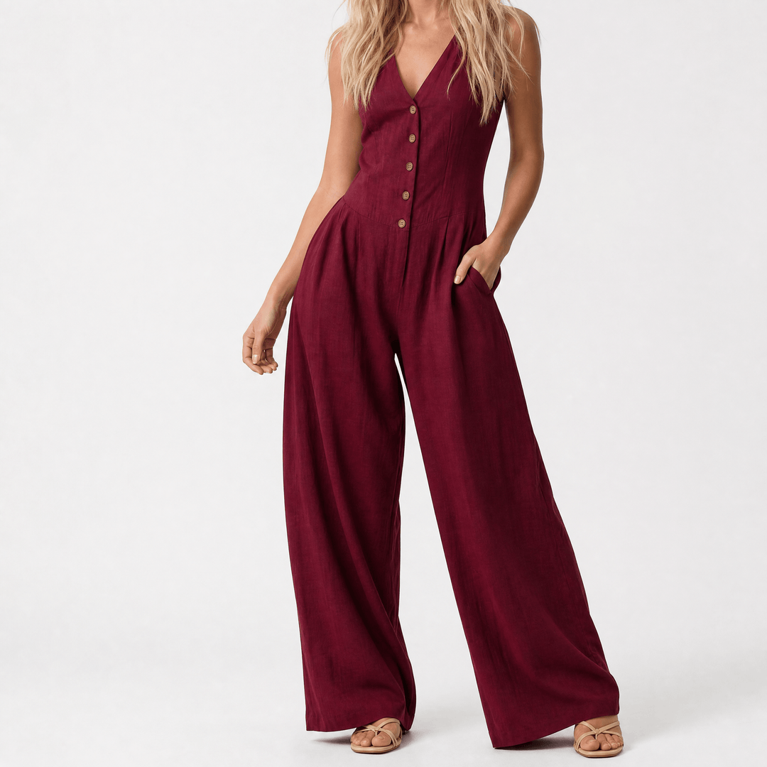 Lunavia – Women's Wide-Leg Button-Front Jumpsuit Red
