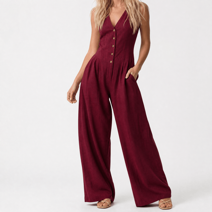 Lunavia – Women's Wide-Leg Button-Front Jumpsuit Red