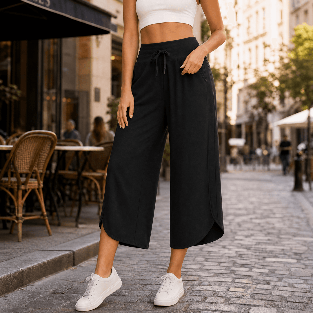 Lunavia – Women's Wide-Leg Tulip-Hem Capri Pants with Pockets Black