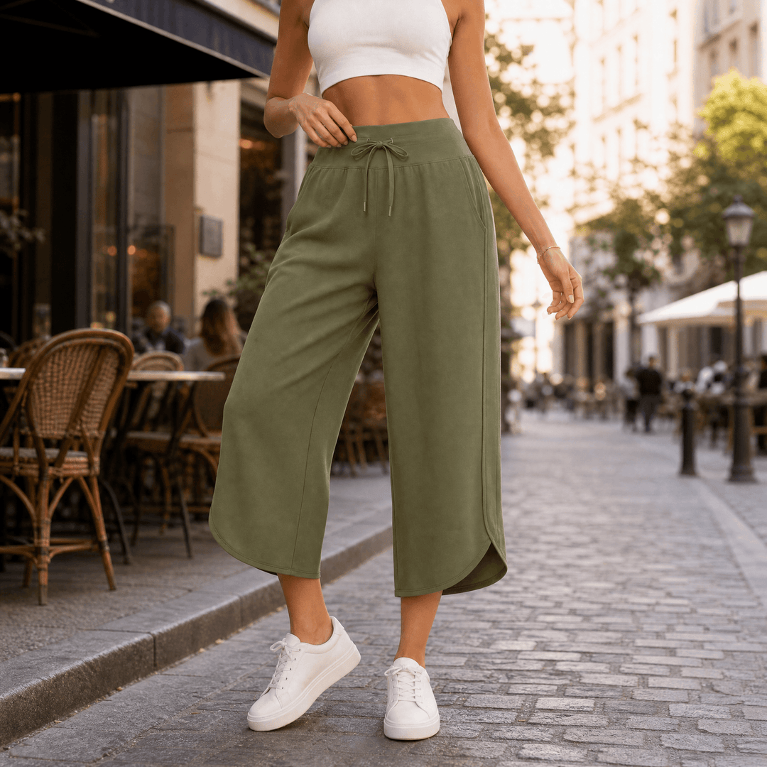 Lunavia – Women's Wide-Leg Tulip-Hem Capri Pants with Pockets Olive Green