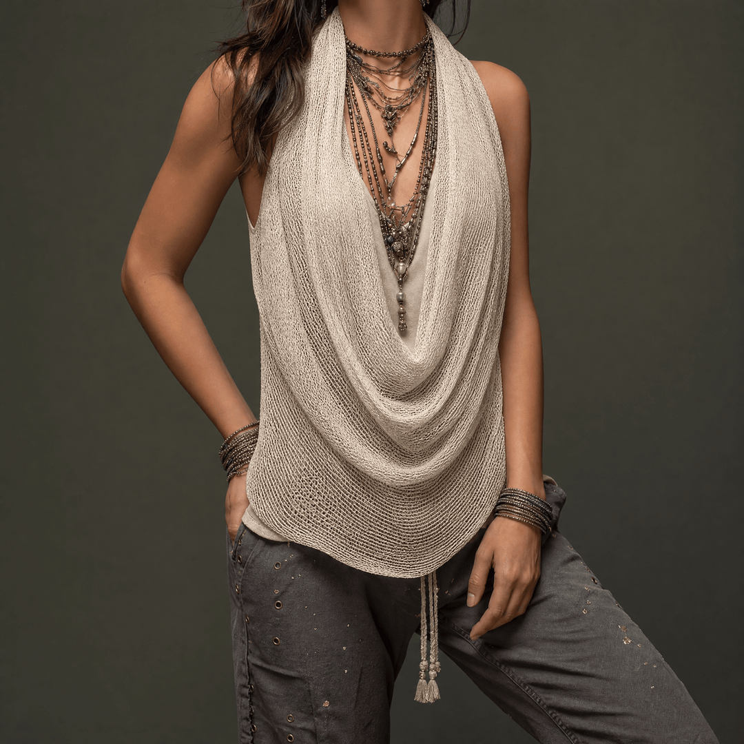 Lunessa – Draped Cowl-Neck Knit Halter Top Beige / S