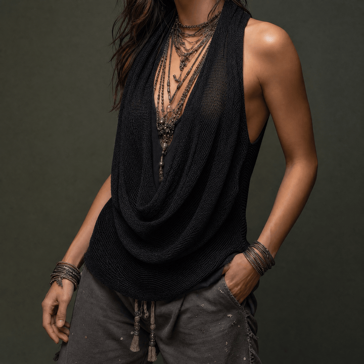 Lunessa – Draped Cowl-Neck Knit Halter Top Black /