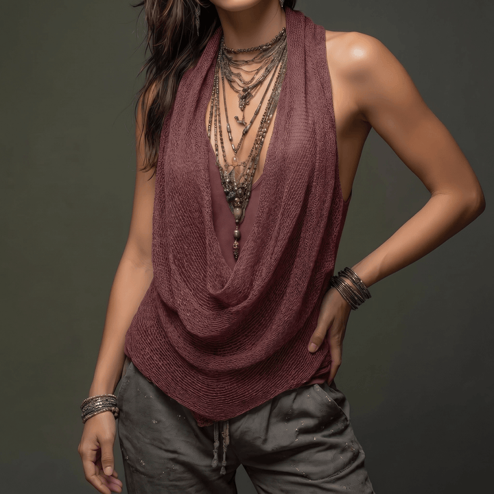 Lunessa – Draped Cowl-Neck Knit Halter Top Maroon /
